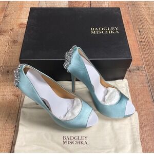 Badgley Mischka Kiara Satin Crystal Embellished Peep Toe Pump Blue 7.5M NEW
